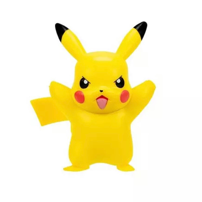 A yellow Pikachu squeeze toy with an angry expression, standing on a plain white background.