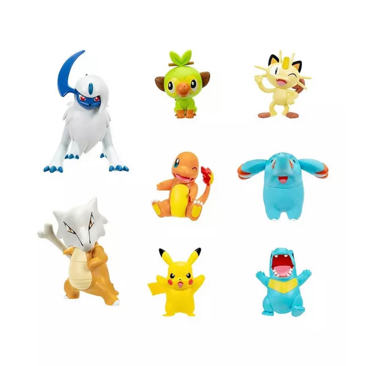 A set of nine small Pokémon character figurines arranged in a 3-by-3 grid on a plain white background. The figures include white, green, yellow, orange, and blue characters, with Pikachu centered near the bottom.