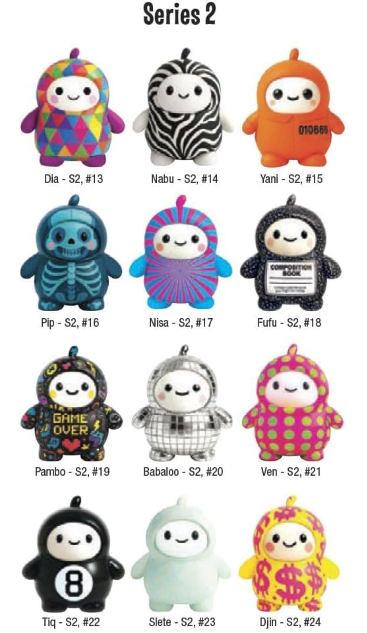 A catalog grid showing twelve small plush character toys labeled 'Series 2' with model names and numbers beneath each toy. The toys have different colorful patterns and outfits, including rainbow, zebra, orange, blue, pink, black, silver, and yellow designs, all on a white background.