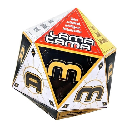 A 20-sided d20 die featuring the 'Llama Lama' brand, with a red, yellow, black, and white geometric design and stylized 'A' lettering on each face.