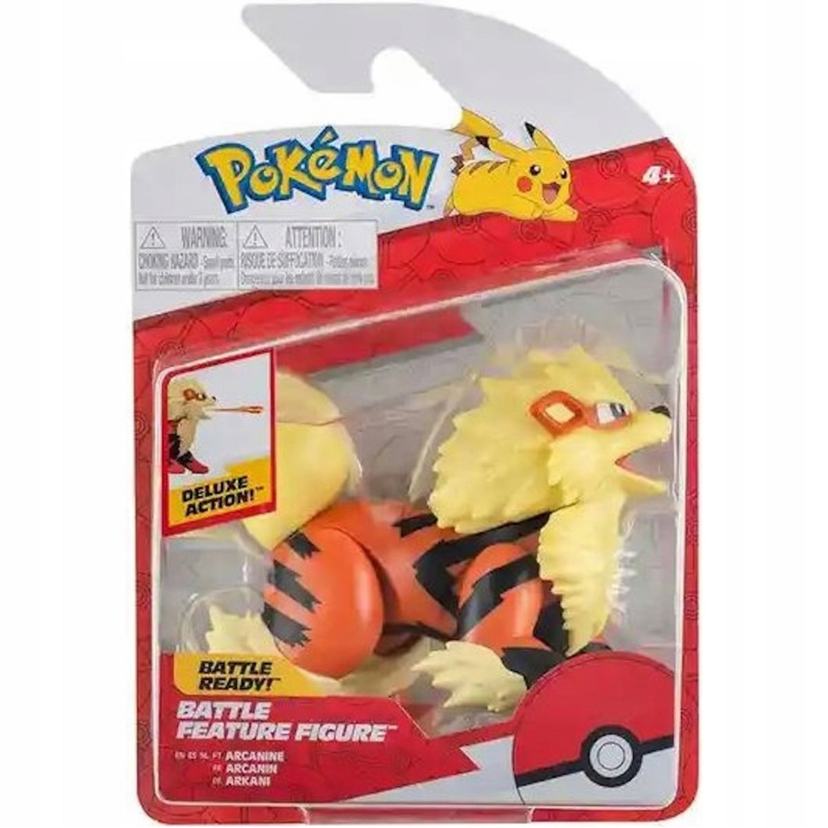 Pokémon Battle Feature Figure Arcanine in its original blister card packaging, featuring a yellow and orange character figure with black stripes.