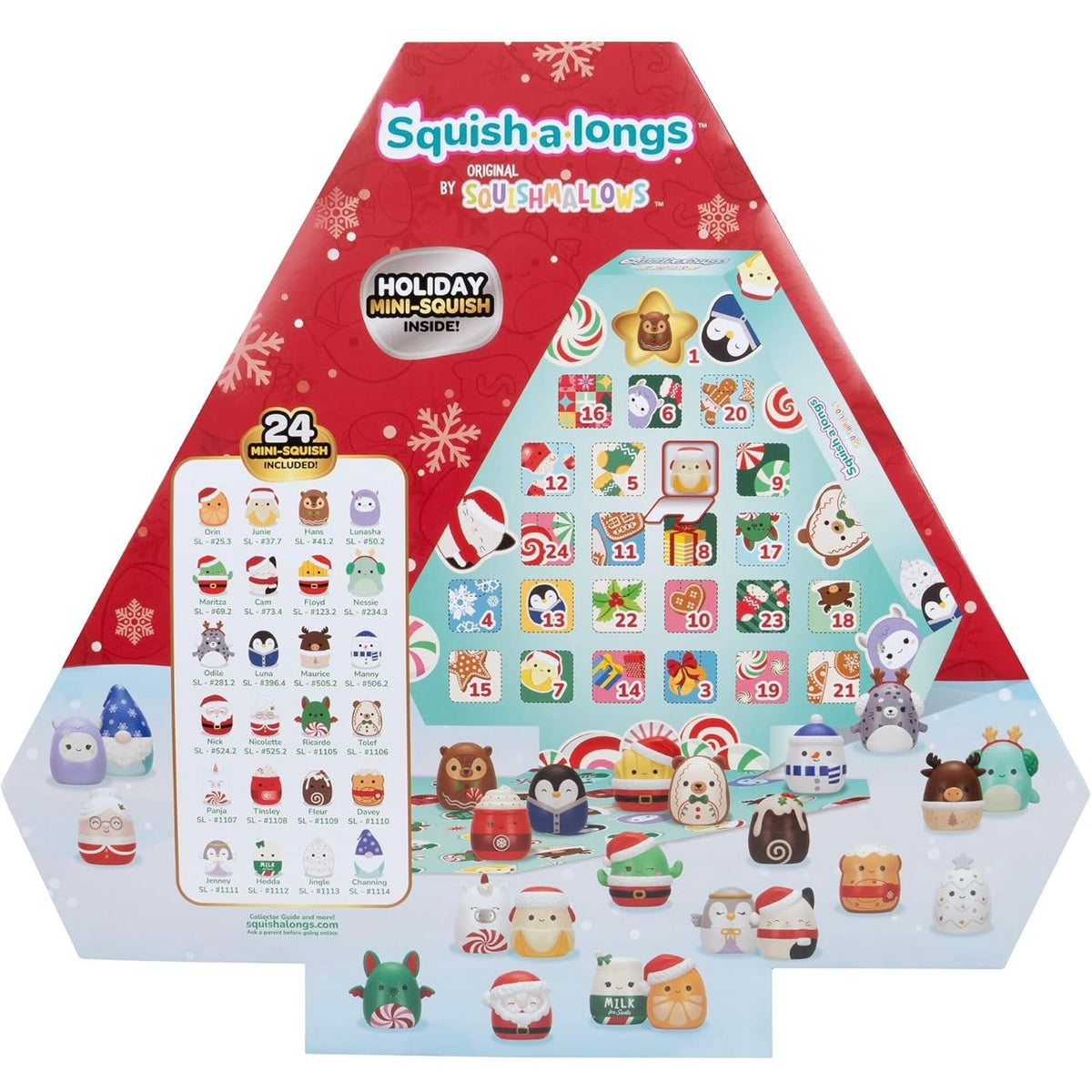 Squish a Longs 2024 Holiday Mini-Squish Mystery Advent Calendar by Squishpals, featuring a red and light blue triangular cardboard box with 24 numbered advent windows and illustrations of various cute squishy characters.