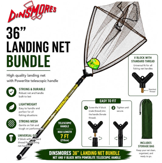Dinsmores 36-inch Landing Net Bundle promotional graphic showing the fishing landing net, telescopic handle, V block, and included storage bag on a white background with feature callouts and diagrams.