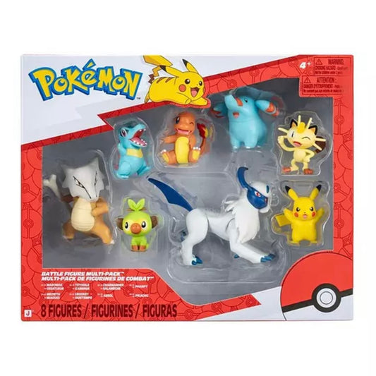 Pokémon battle figure multi-pack of 8 figures in original retail packaging, featuring Pikachu, Eevee, Togepi, Charmander, Cyndaquil, Totodile, Snivy, and Vaporeon.