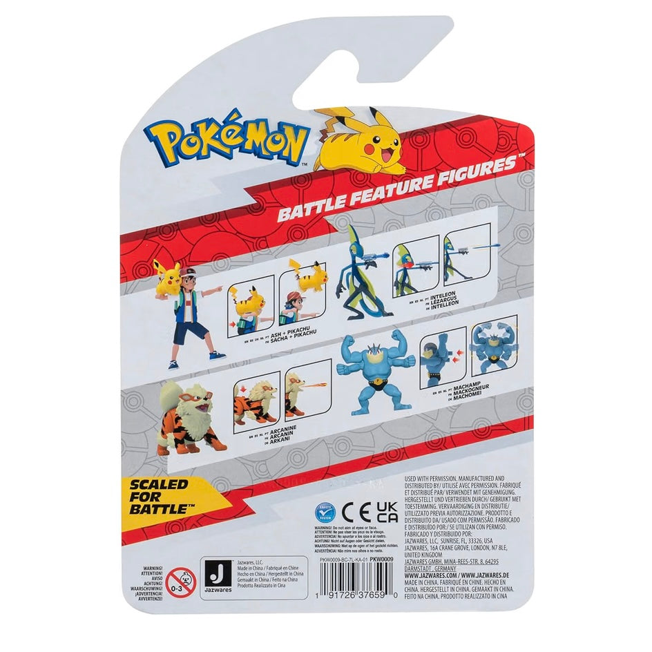 Pokémon Battle Feature Figures blister card packaging showing the back of the package with character illustrations, product details, and a hanging tab.