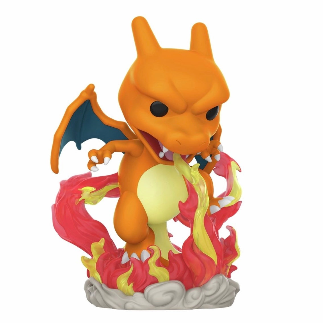 A Funko Pop! vinyl figure of Charizard standing on a base of red and yellow flames against a plain white background.