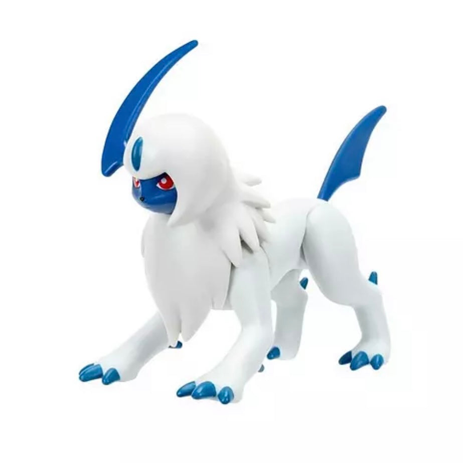 A white and blue toy figurine of a Pokémon-like creature with red eyes, shown standing on a plain white background.