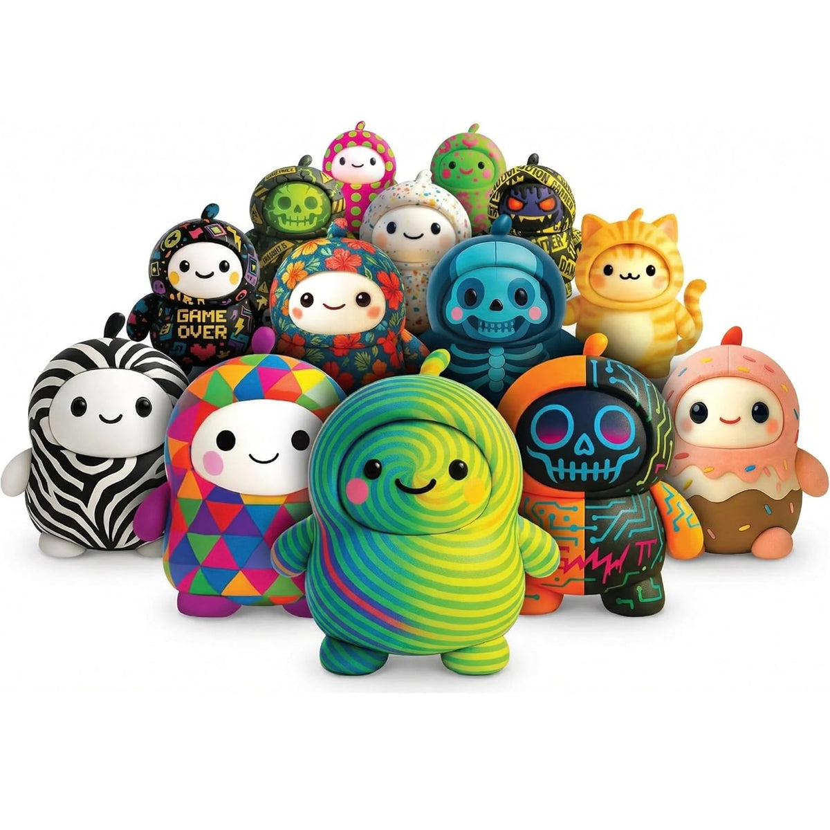 A group of colorful, cute plush toys arranged together on a plain white background. The toys have various designs including zebra print, geometric patterns, swirls, and skull motifs in bright neon colors.