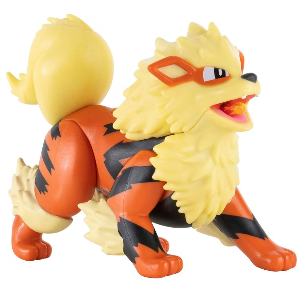 A plastic toy figurine of a fire-type Pokémon, likely a Lycanoid or similar creature, featuring a yellow and orange color scheme with black stripes, set against a plain white background.