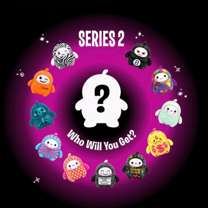 A circular promotional graphic for a mystery blind box labeled 'SERIES 2' and 'Who Will You Get?'. The center shows a white cartoon character silhouette with a question mark on a bright pink-purple glow, surrounded by small colorful plush character illustrations around the edge on a black background.