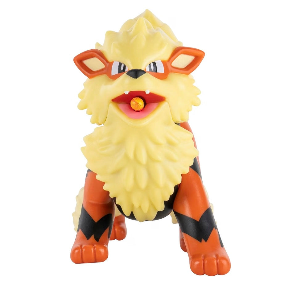 A toy figurine of the Pokémon character Linoke, featuring yellow fur, orange ears and legs with black stripes, and a red mouth, set against a plain white background.
