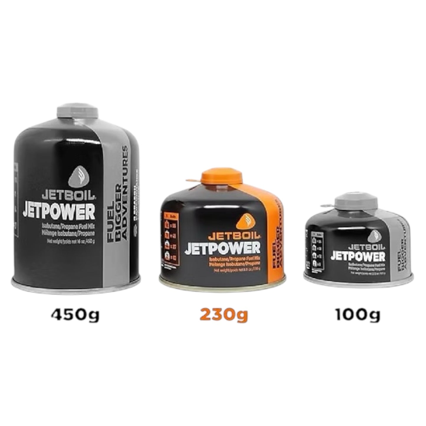 Three Jetboil Jetpower fuel canisters of different sizes on a white background