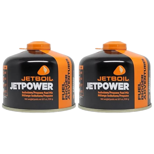 Two Jetboil Jetpower fuel canisters on a white background