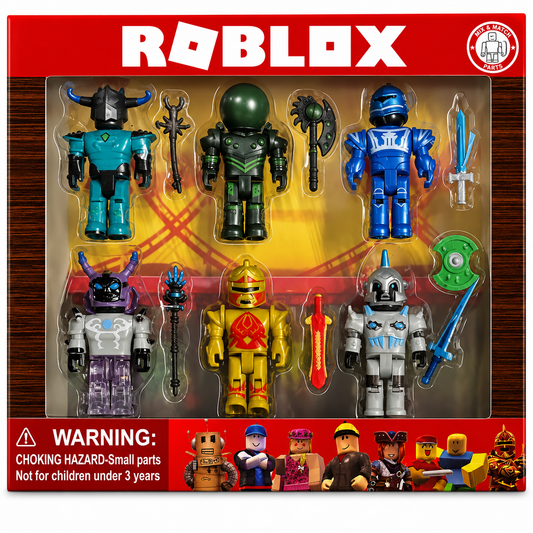 Roblox toy figure set packaging with six figures and accessories on a red background.