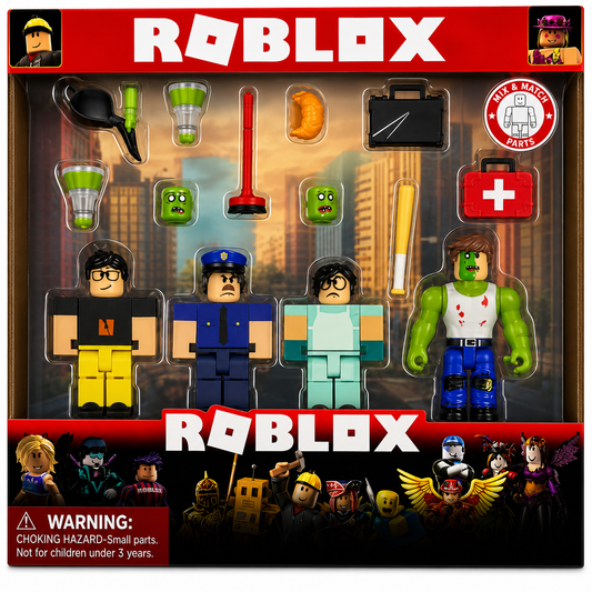 Roblox toy figure set packaging with characters and accessories on a cityscape background.