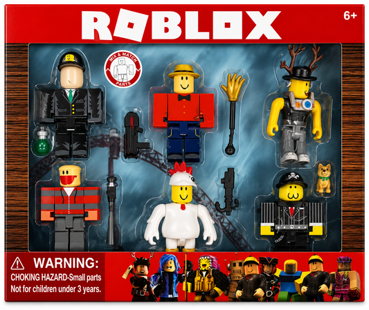 Roblox character set packaging with various figures and accessories on a red background.