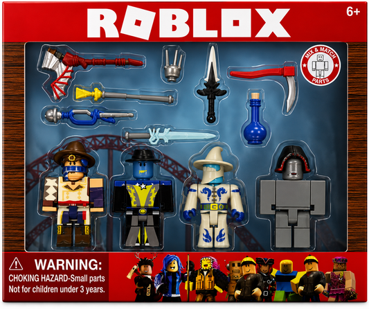 Roblox toy set packaging with figures and weapons on a red and blue background