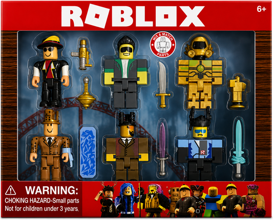 Roblox toy figure set packaging with various characters and weapons on a red background.