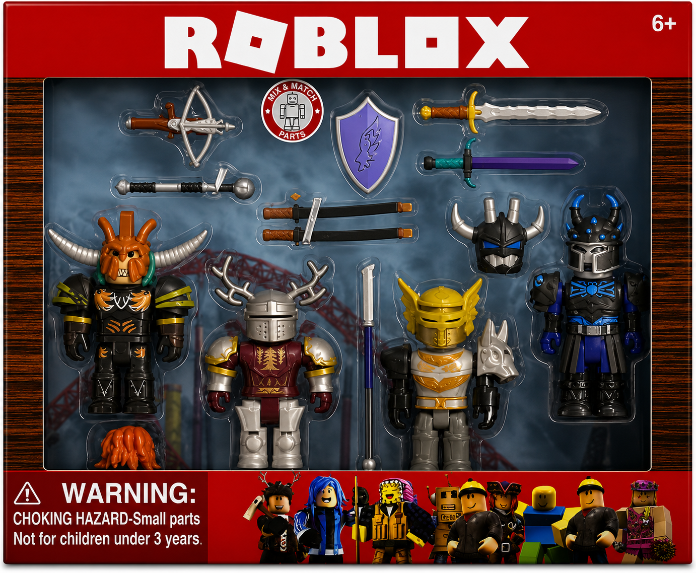 Roblox toy set packaging with figures and weapons on a red background