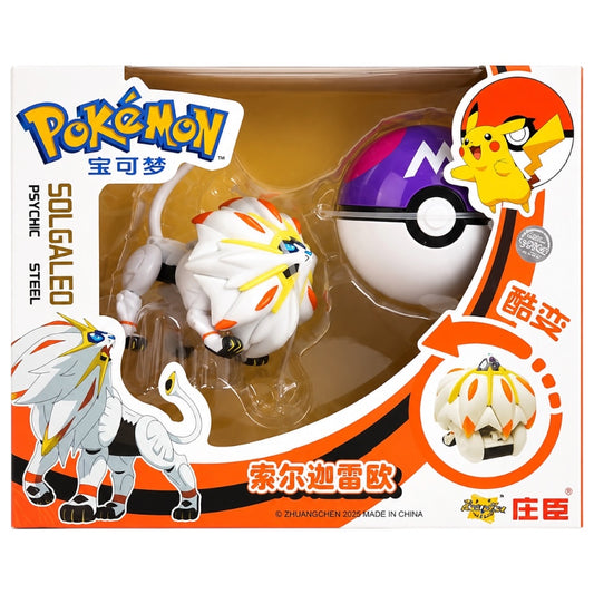 Pokémon Solgaleo toy figure in packaging with Poké Ball and character illustration.