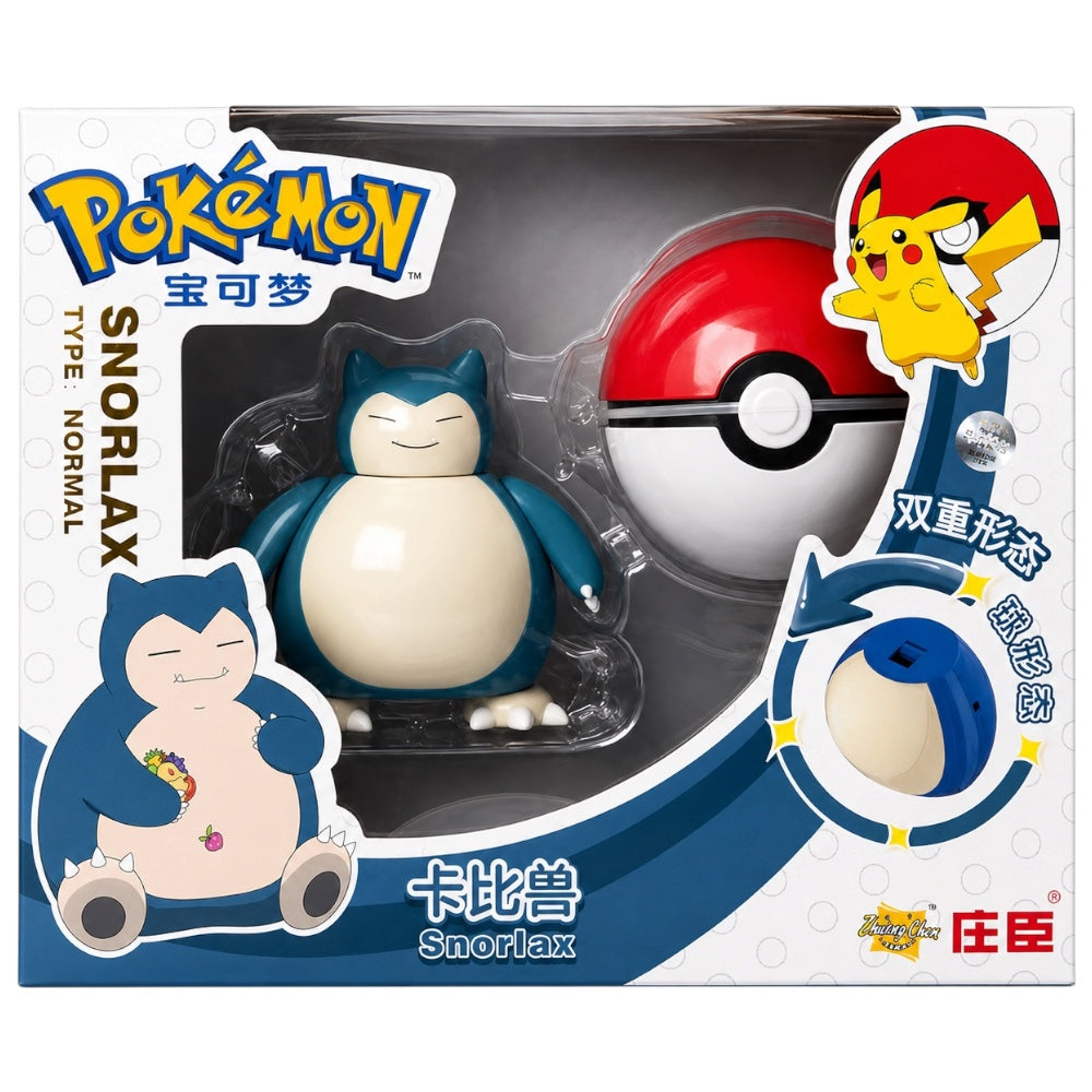 Pokémon Snorlax figure packaging with Poké Ball and character illustrations on a white background.