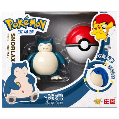 Pokémon Snorlax figure packaging with Poké Ball and character illustrations on a white background.