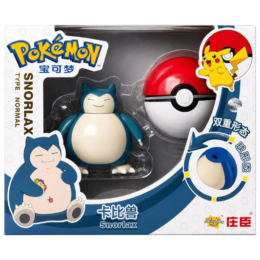 Pokémon Snorlax figure packaging with Poké Ball and character illustrations on a white background.
