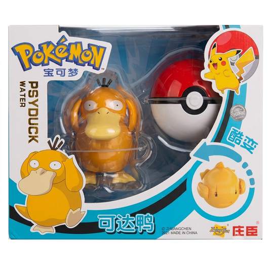 Pokémon Psyduck figure packaging with Poké Ball and Pikachu illustration on a white background