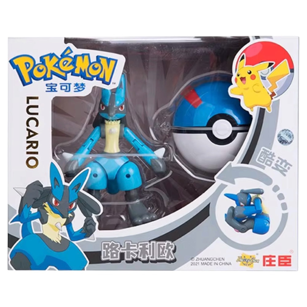 Pokémon Lucario toy figure in packaging with Poké Ball and Pikachu illustration.