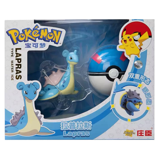 Pokémon Lapras toy figure in packaging with Poké Ball and character illustration.