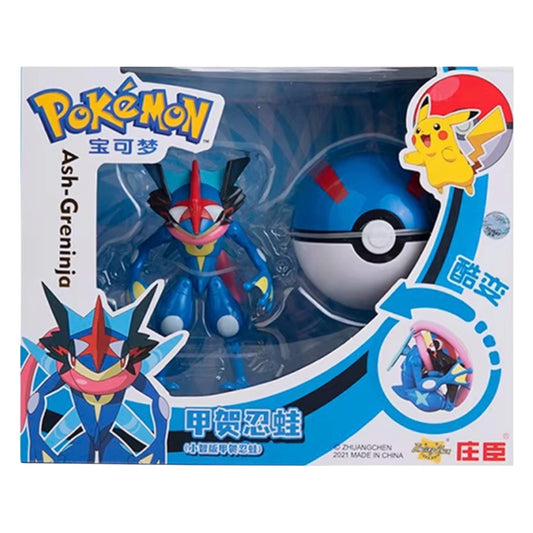 Pokémon Ash-Greninja action figure packaging with Poké Ball and character illustrations.