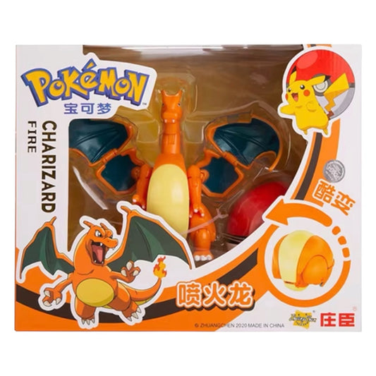 Pokémon Charizard toy figure in packaging with branding and character illustration.