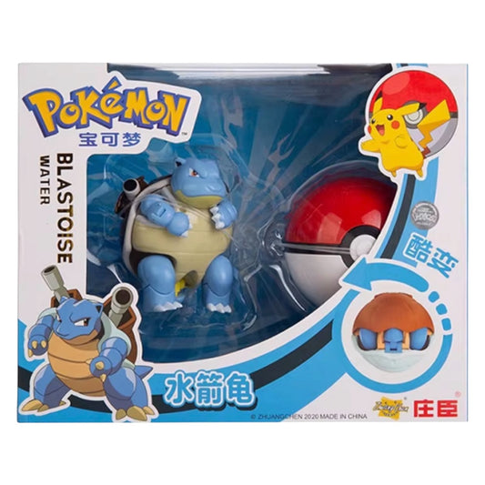 Pokémon Blastoise toy figure in packaging with Poké Ball and Pikachu illustration.