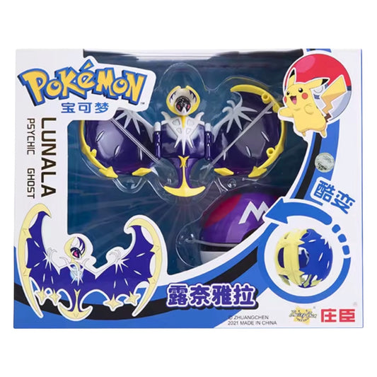 Pokémon Lunalá toy figure packaging with Pokémon logo and character illustration.