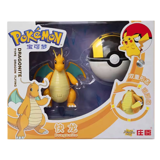 Pokémon Dragonite toy figure in packaging with Poké Ball and character illustration.