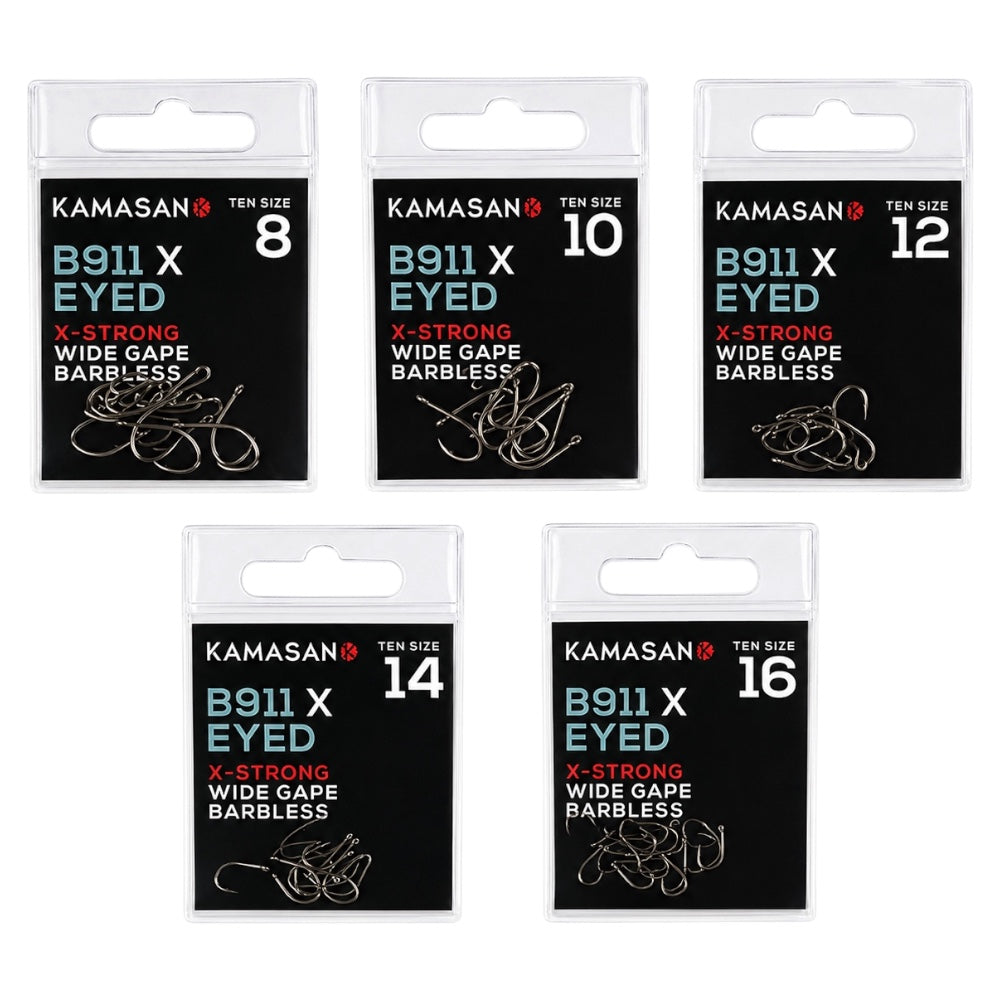 Five packages of Kamasan B911 X-Eyed fishing hooks with different sizes on a white background.