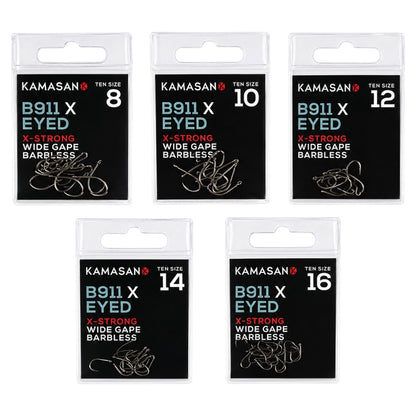 Five packages of Kamasan B911 X-Eyed fishing hooks with different sizes on a white background.