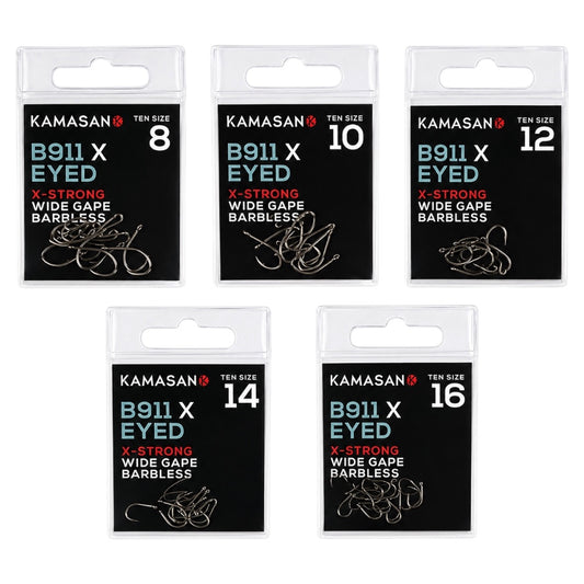 Five packages of Kamasan B911 X-Eyed fishing hooks with different sizes on a white background.