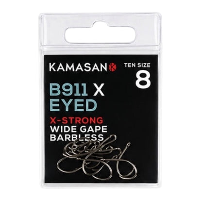 Kamasan B911 X-Eyed fishing hooks in packaging on a white background
