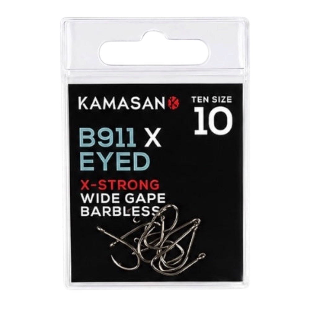 Kamasan B911 X-Eyed fishing hooks in packaging with size 10 label.