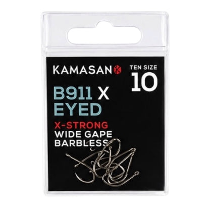 Kamasan B911 X-Eyed fishing hooks in packaging with size 10 label.