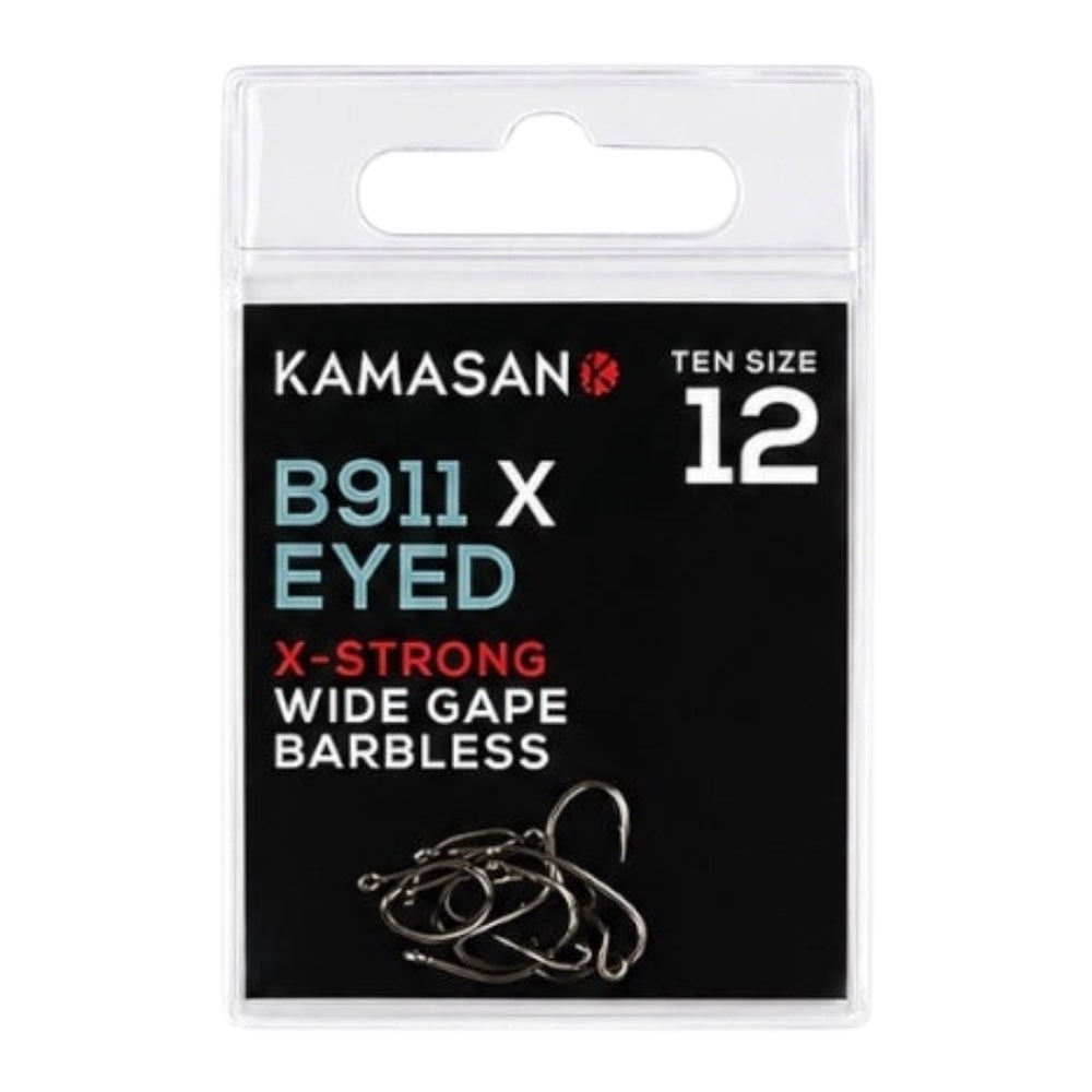 Kamasan B911 X-Eyed fishing hooks in packaging on a white background
