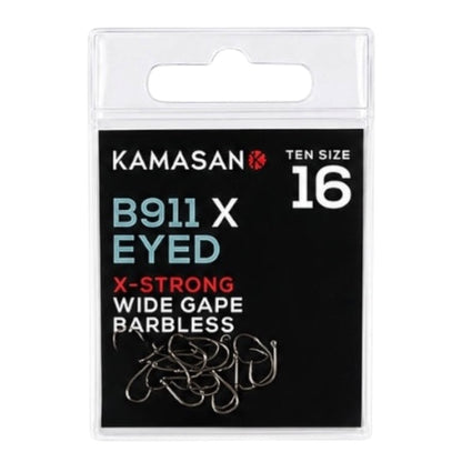 Kamasan B911 X Eyed fishing hooks packaging on a white background