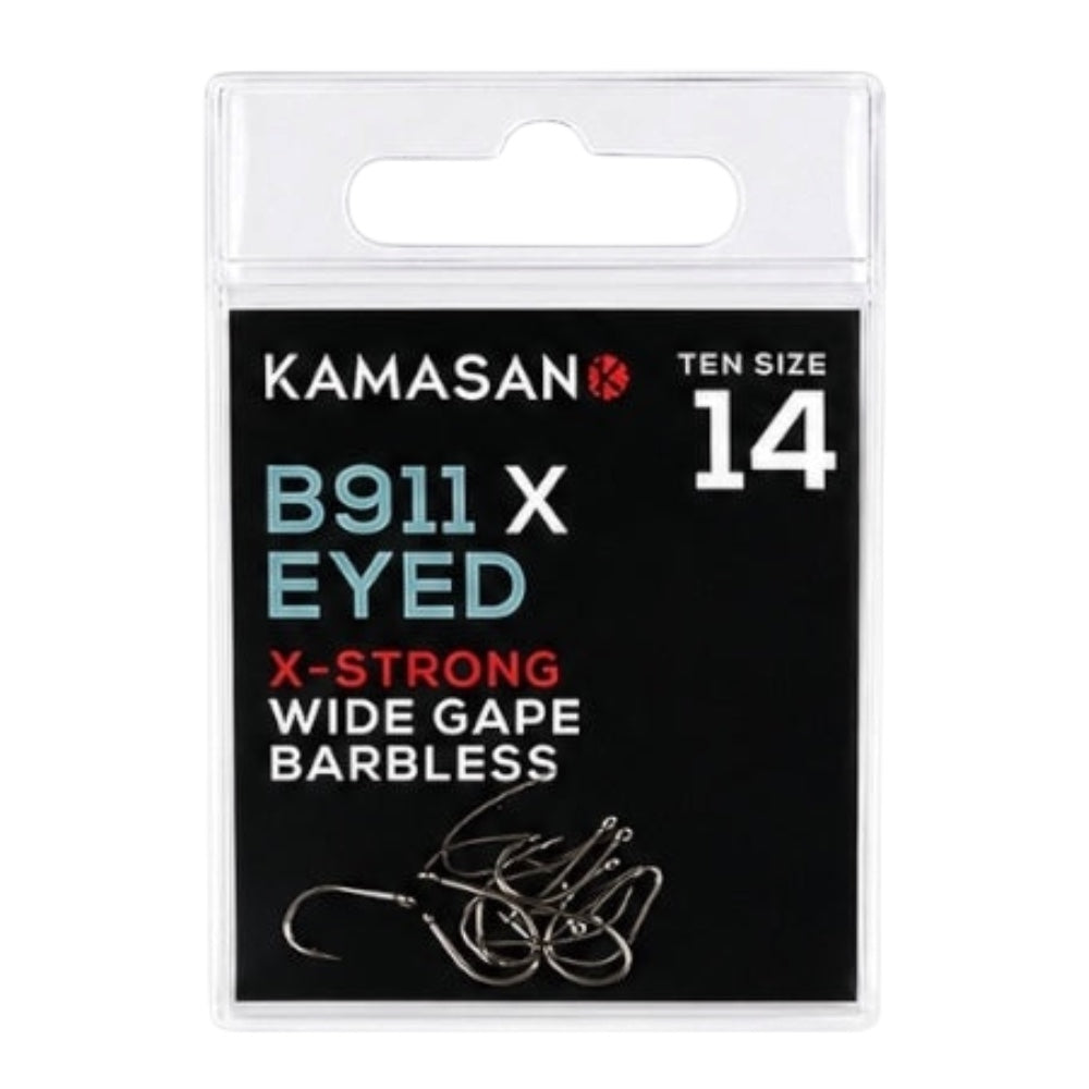Kamasan B911 X-Eyed fishing hooks in packaging with size 14 on a white background