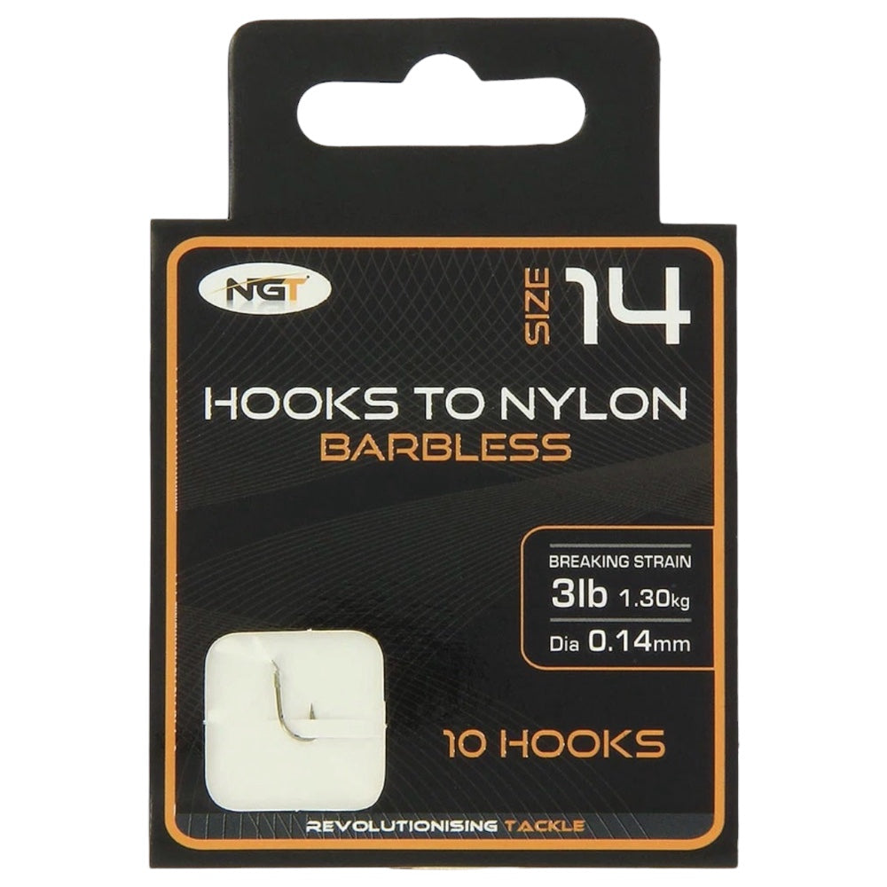 NGT Hooks Tied to Nylon Bundle Sizes 10, 12, 14, 16 & 18 Pack of 10 Hooks