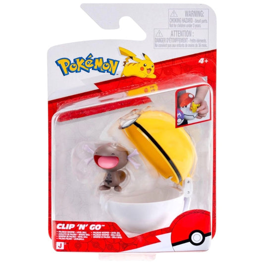 Pokémon Clip 'N Go toy figure in its original blister packaging, featuring the brown clip character and a yellow-and-white egg-shaped accessory.