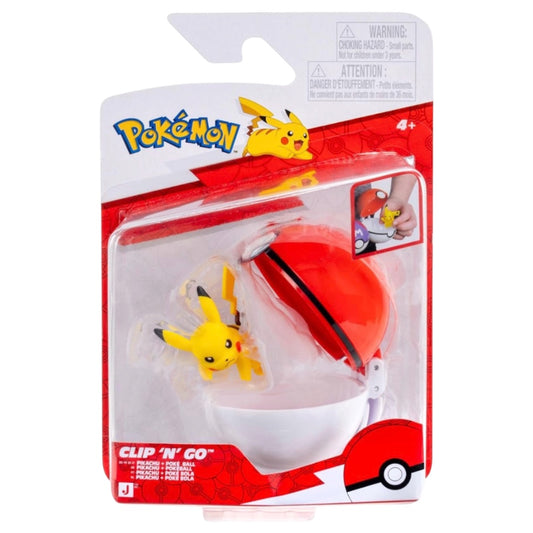 Pokémon Clip 'N' Co figure of Pikachu inside its original blister packaging, showing the yellow Pikachu figure and a red-and-white Pokémon ball.