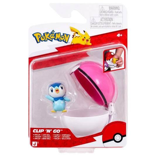Pokémon Clip 'N' Go Pwompit toy set in its original blister packaging, featuring a small blue and white penguin figure next to a pink and white pop-up egg.