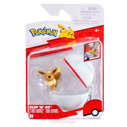 Pokémon Clip 'N Go Eevee toy figure in its original blister card packaging, featuring the small Eevee figure and a white Pokéball-style container with a red diagonal stripe.