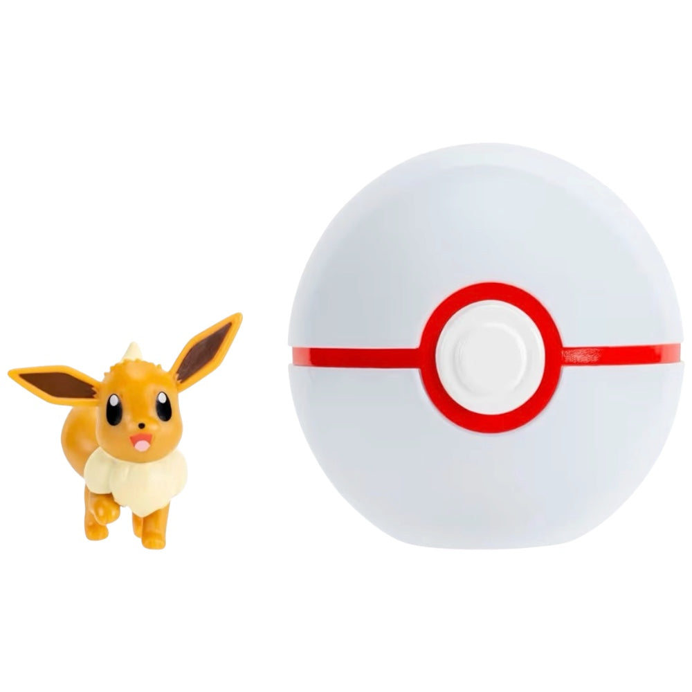 A small Eevee toy figure standing beside a large white spherical device with a red horizontal band and red center button, shown on a plain white background.